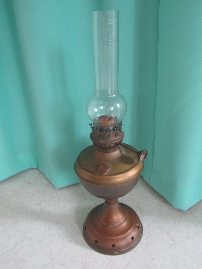 Antiek koperen olielamp, 48 cm hg, met glas, Ophalen of Verzenden