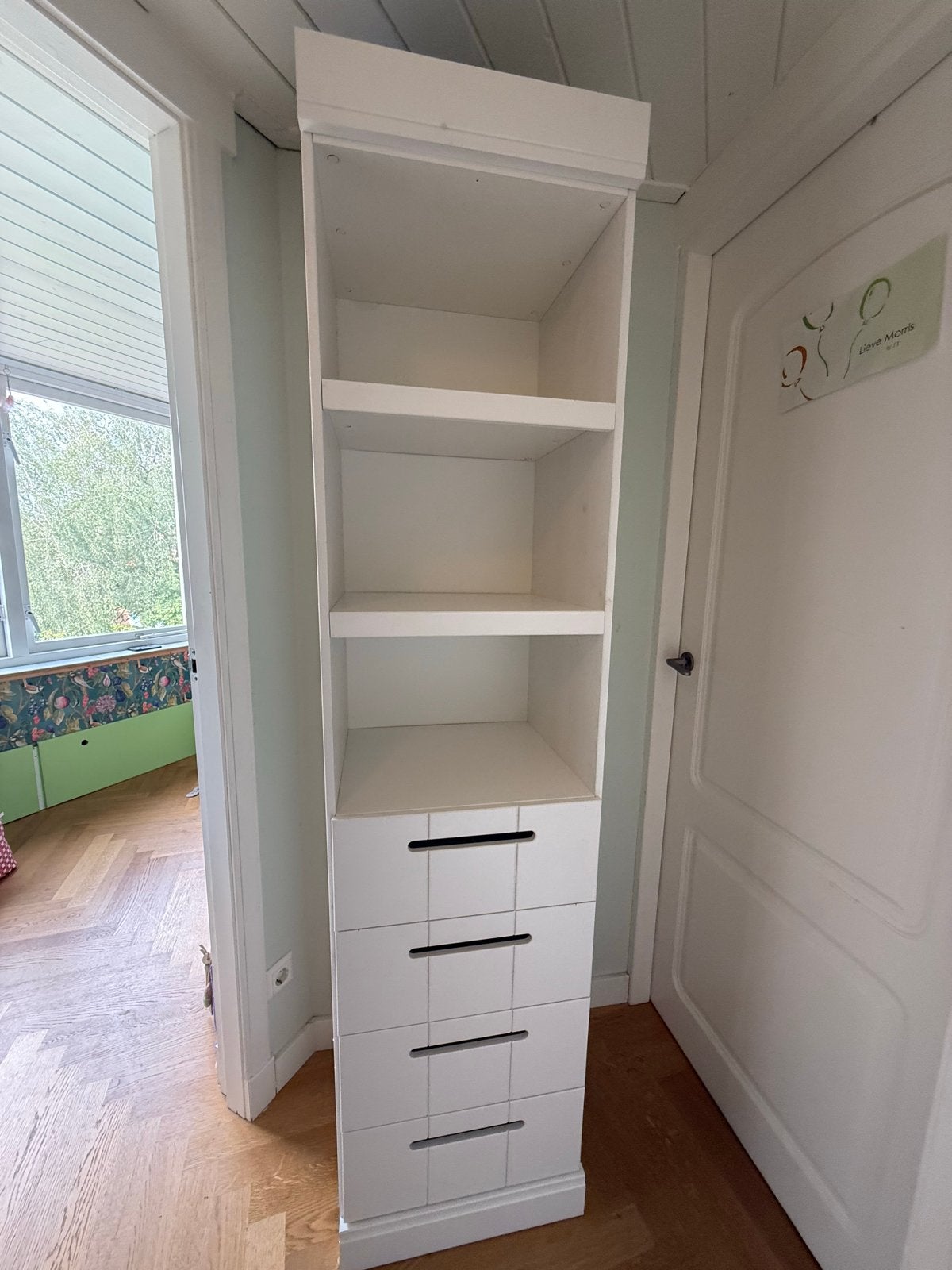 Witte kast met 4 lades en open vakken - 42x47x197 cm, Ophalen, Minder dan 50 cm, Gebruikt, 3 of 4 laden