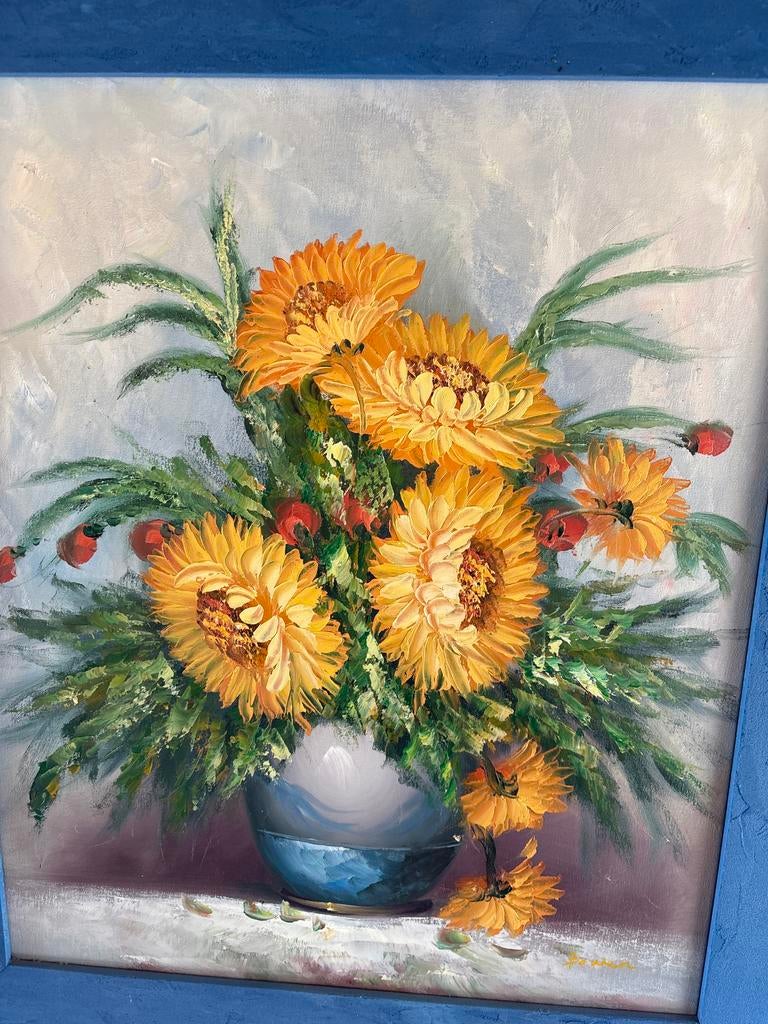 Schilderij: Levendig Boeket Zonnebloemen in Vaas, Antiek en Kunst, Kunst | Schilderijen | Klassiek, Ophalen of Verzenden