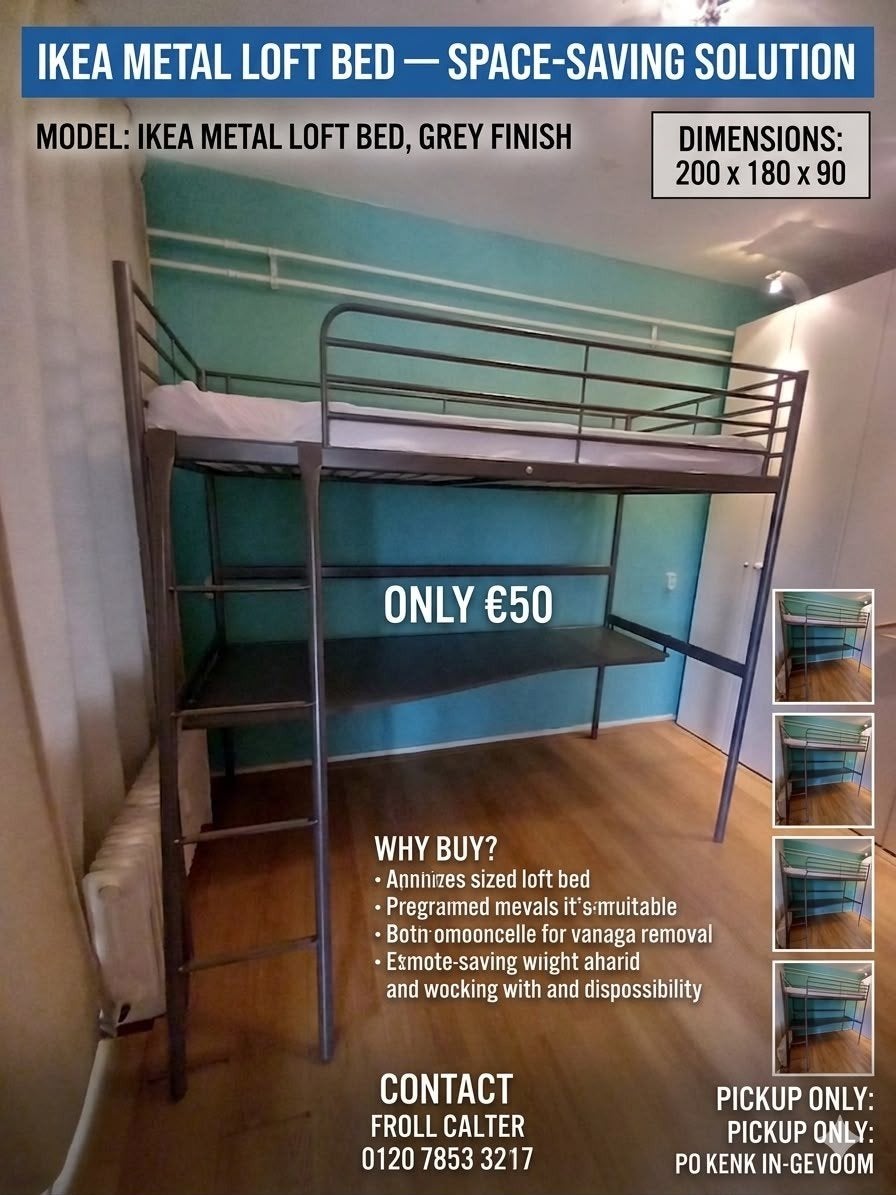 IKEA metalen hoogslaper met bureau - ruimtebesparend, 90 cm, Eenpersoons, Wit, Ophalen of Verzenden
