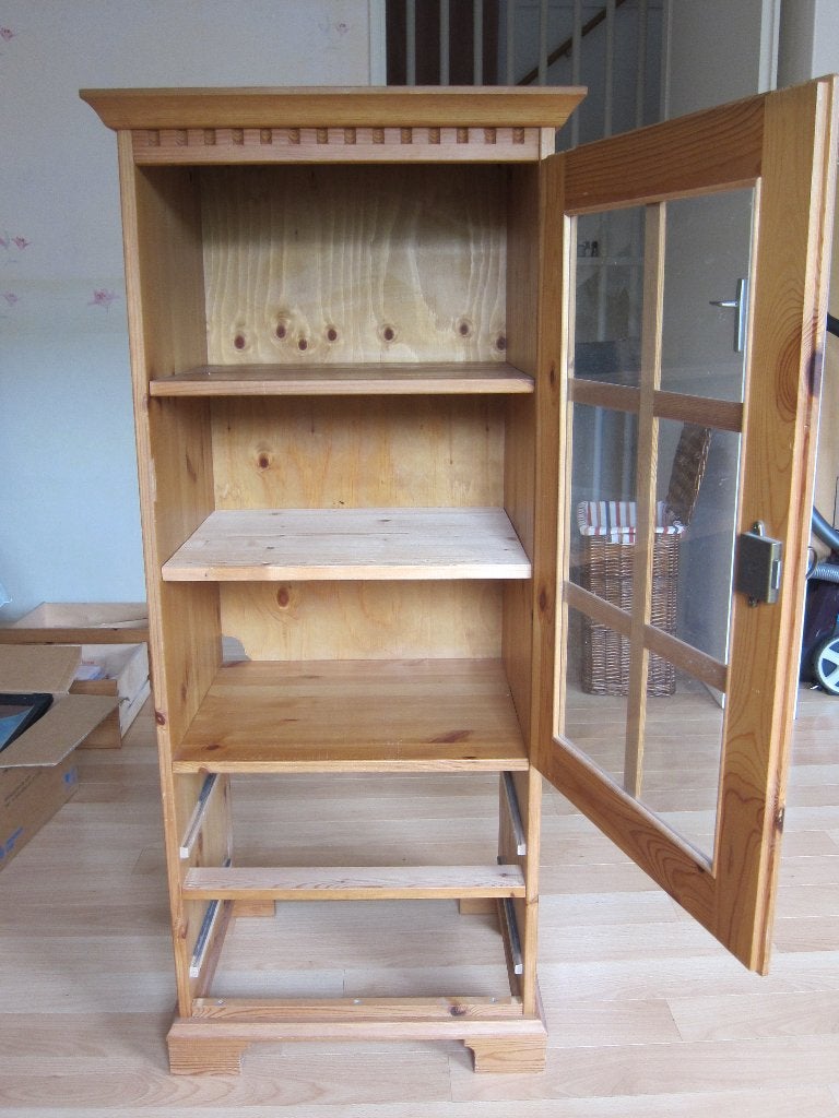 Vintage grenen vitrinekastje, Gebruikt, 100 tot 150 cm, Met lade(s), Grenenhout