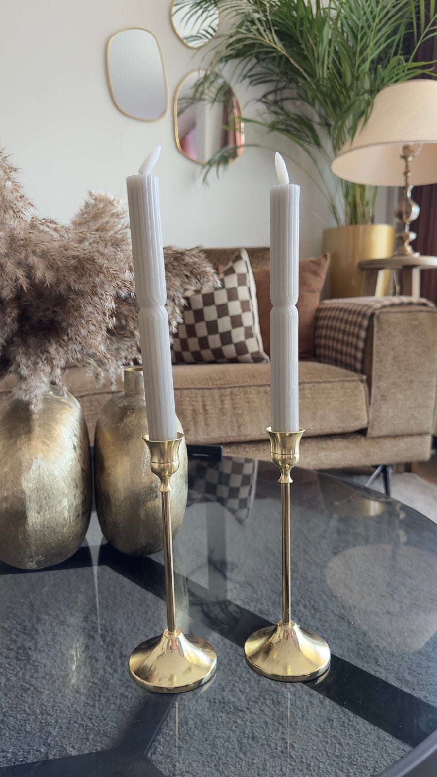 Set van 2 gouden kandelaars met LED kaarsen, Ophalen, Gebruikt, Overige merken, Metaal