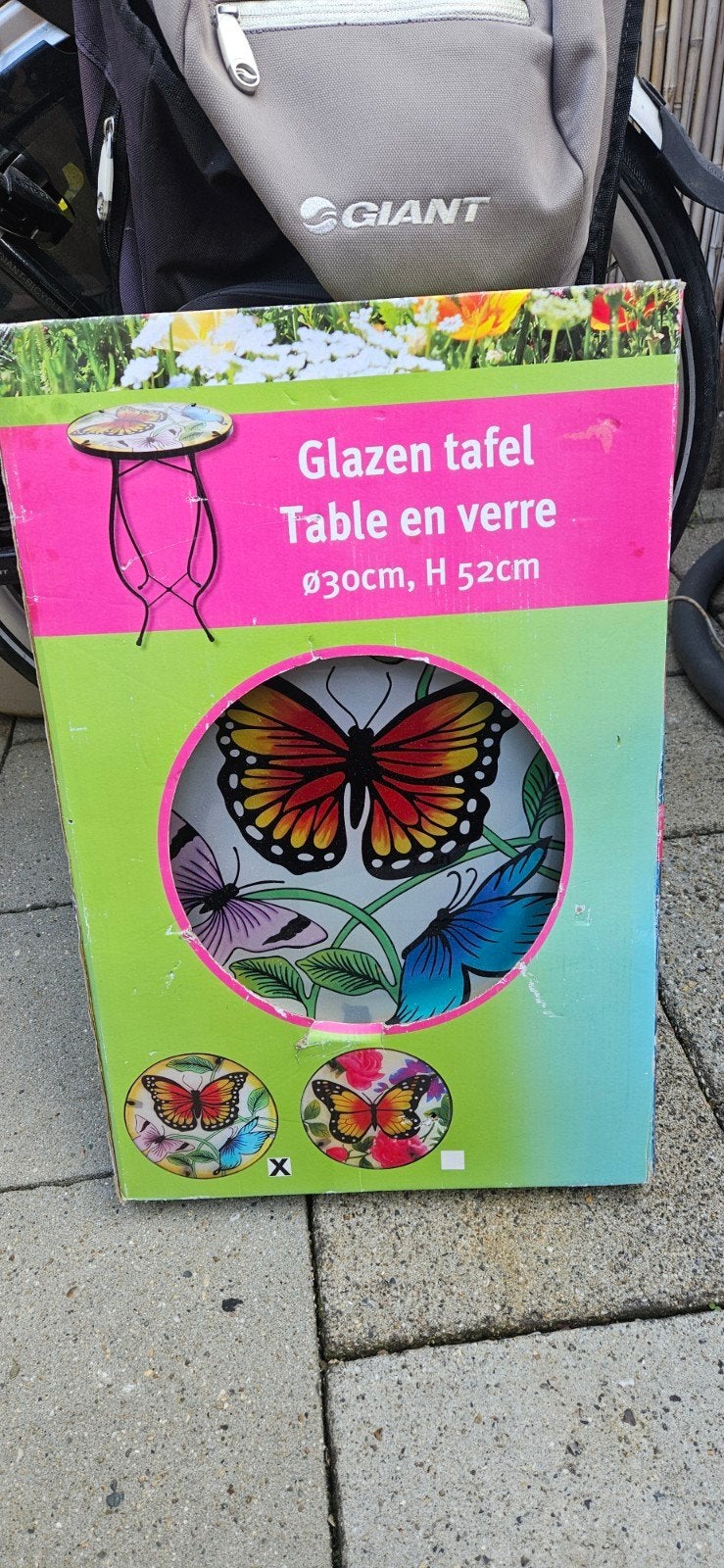 Glazen bijzettafel met vlinderprint - Ø30cm, H 52cm, Ophalen, Nieuw, Rond, Metaal
