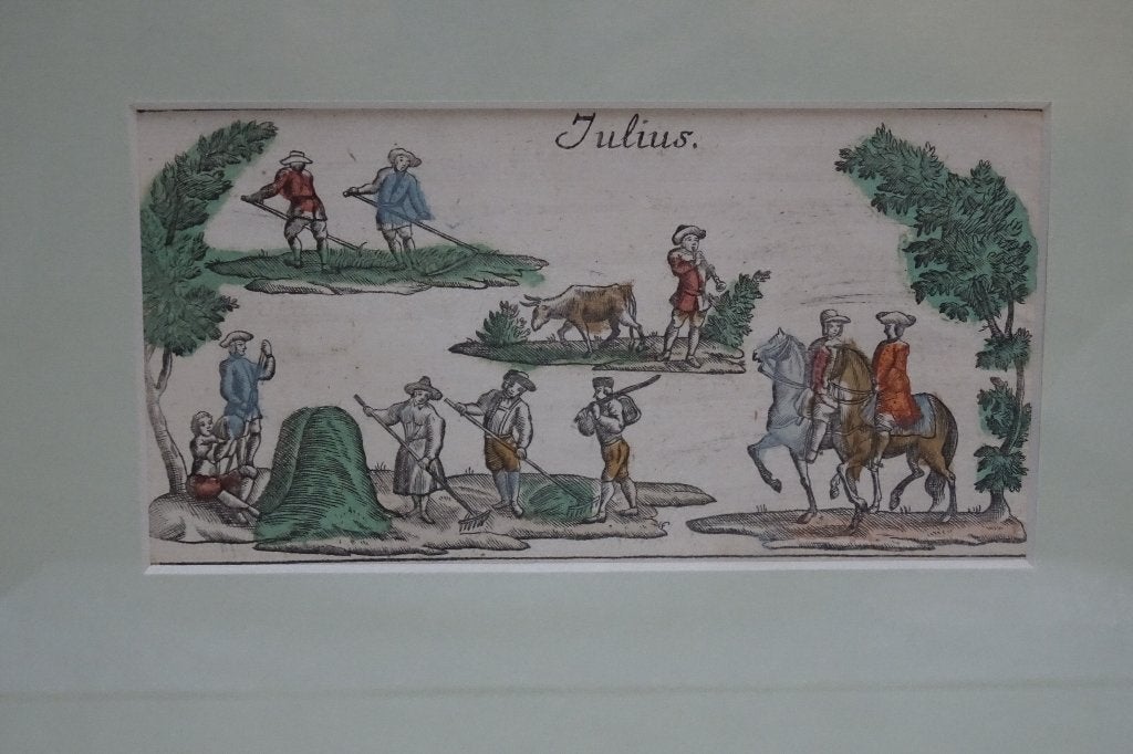 Vrolijke gravure Julius, juli hooimaand 18e eeuw paardrijden, Mythologie, Ingelijst, Ophalen of Verzenden, Gravure
