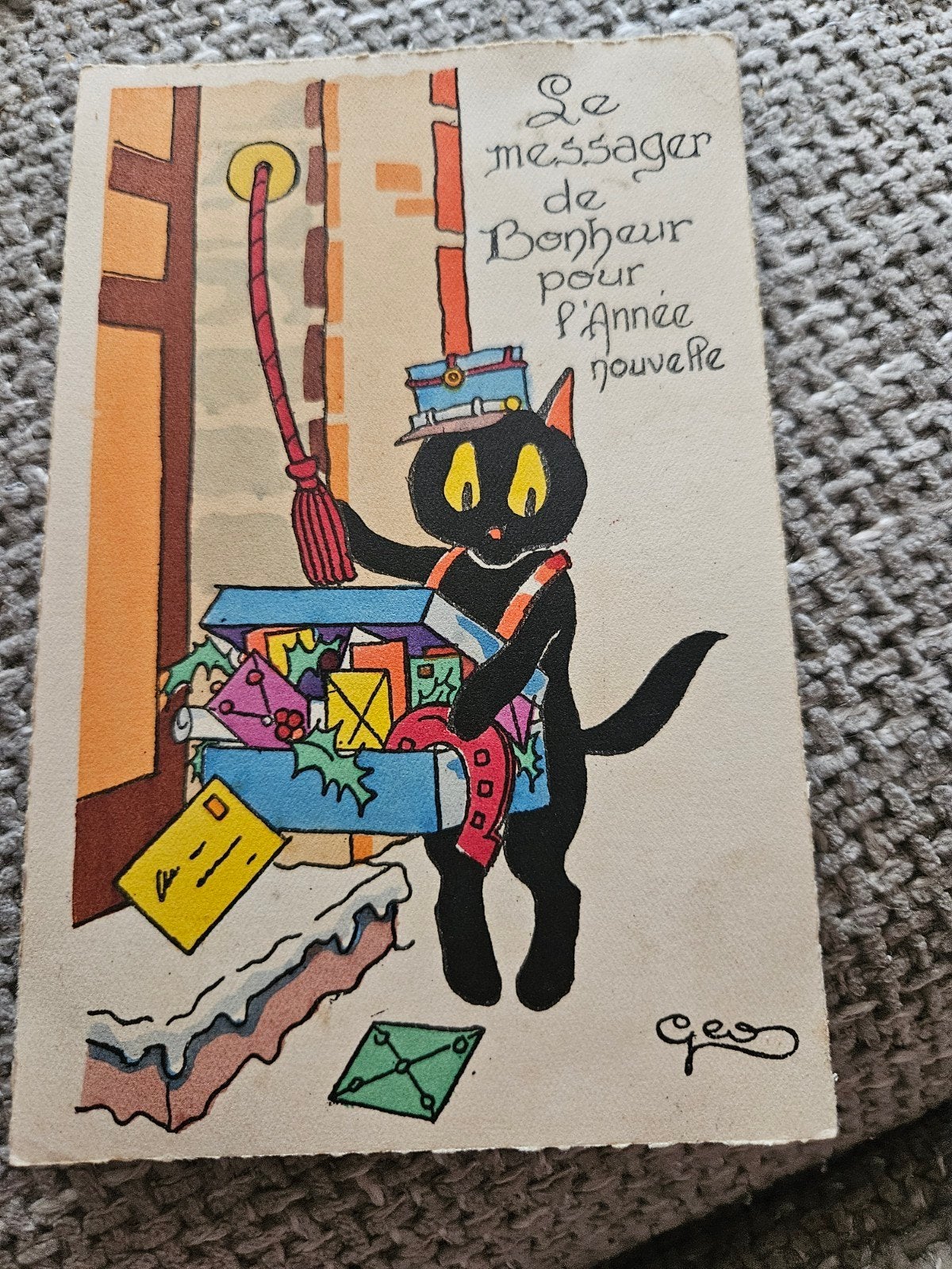 Nieuwjaarskaart met zwarte kat (1931), Verzamelen, Ophalen of Verzenden, 1920 tot 1940, Gelopen