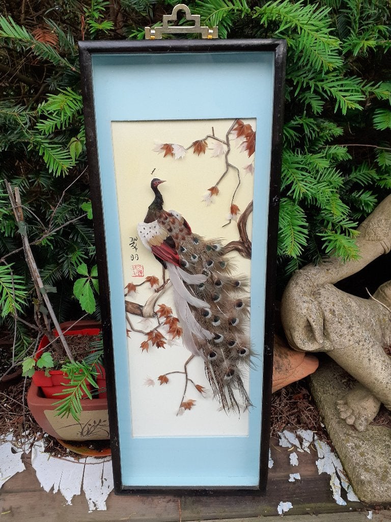 Olieverfschilderij Pauw op paneel in cassette,perfecte staat, Paneel, Realistisch, Dieren, Ophalen of Verzenden