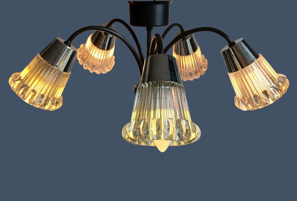 Vintage, jaren 60 plafondlamp, vijfarmig, dik geribbeld glas, Ophalen of Verzenden, Gebruikt, Glas, Vintage