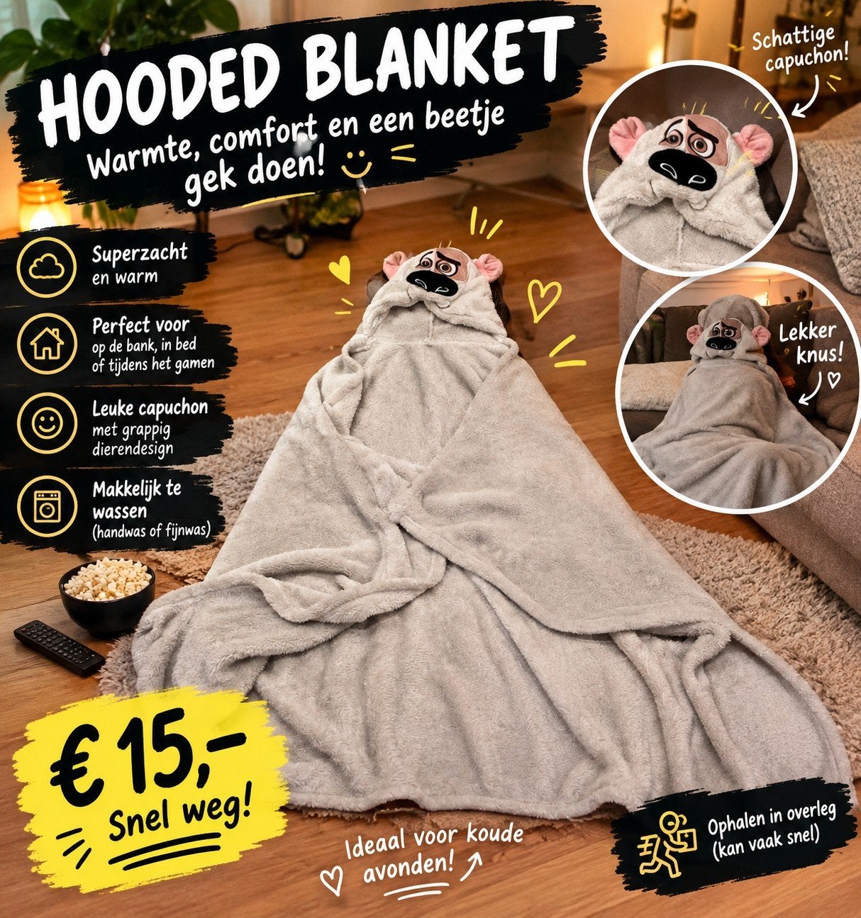 Hooded Deken met Grappig Dierendesign - Superzacht & Warm, Ophalen of Verzenden, Zo goed als nieuw, Grijs, Textiel