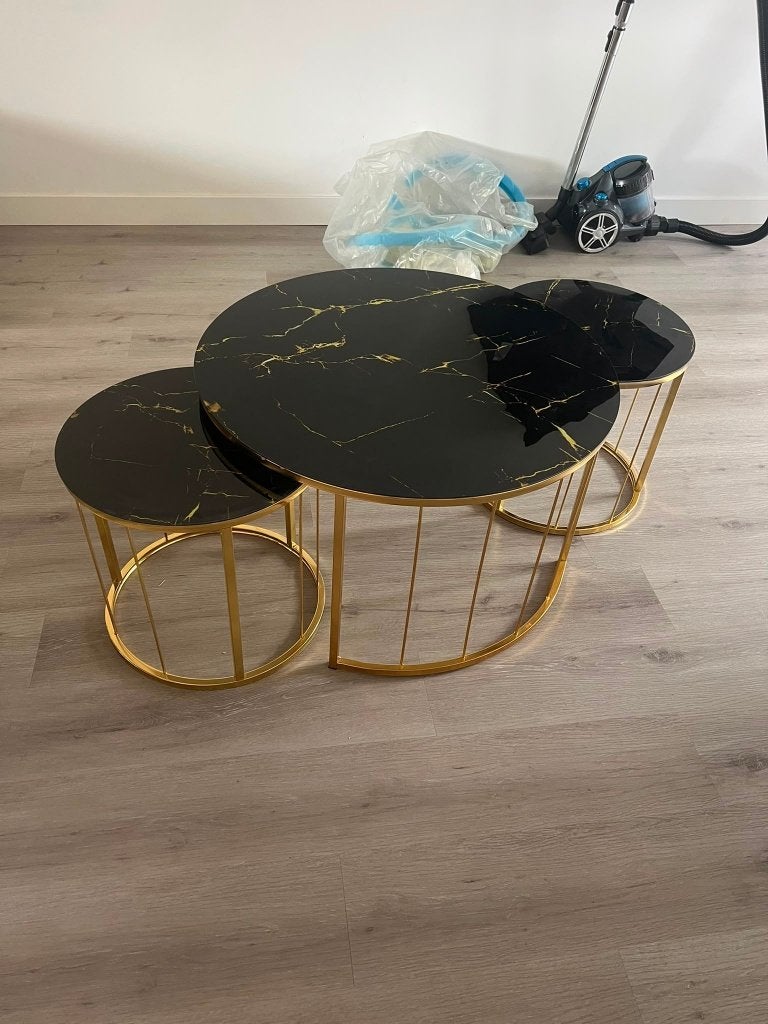 Salontafel Marmerlook Rond Goud - Set of Losse Tafel, Ophalen, 50 tot 100 cm, Rond, Nieuw
