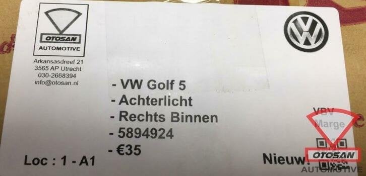 vw golf 5 achterlicht rechts binnen nieuw! 5894924, Auto-onderdelen, Volkswagen, Volkswagen AG, Nieuw, Berliner Ring 2
38440  Wolfsburg, DE