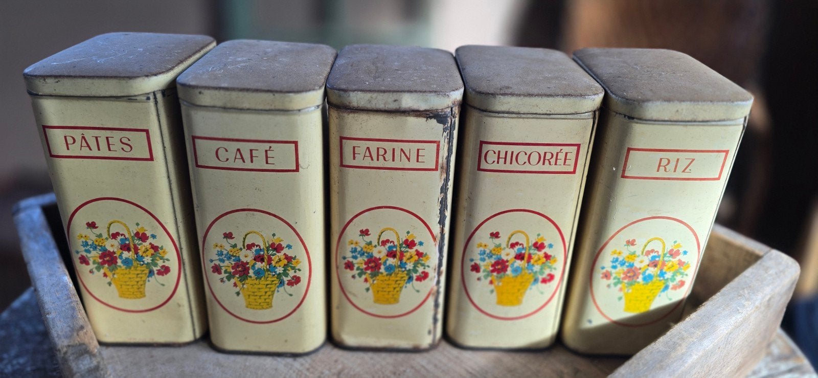 5 oude Franse blikken Chicoree, Pates, Café, Farine, Riz, Ophalen of Verzenden