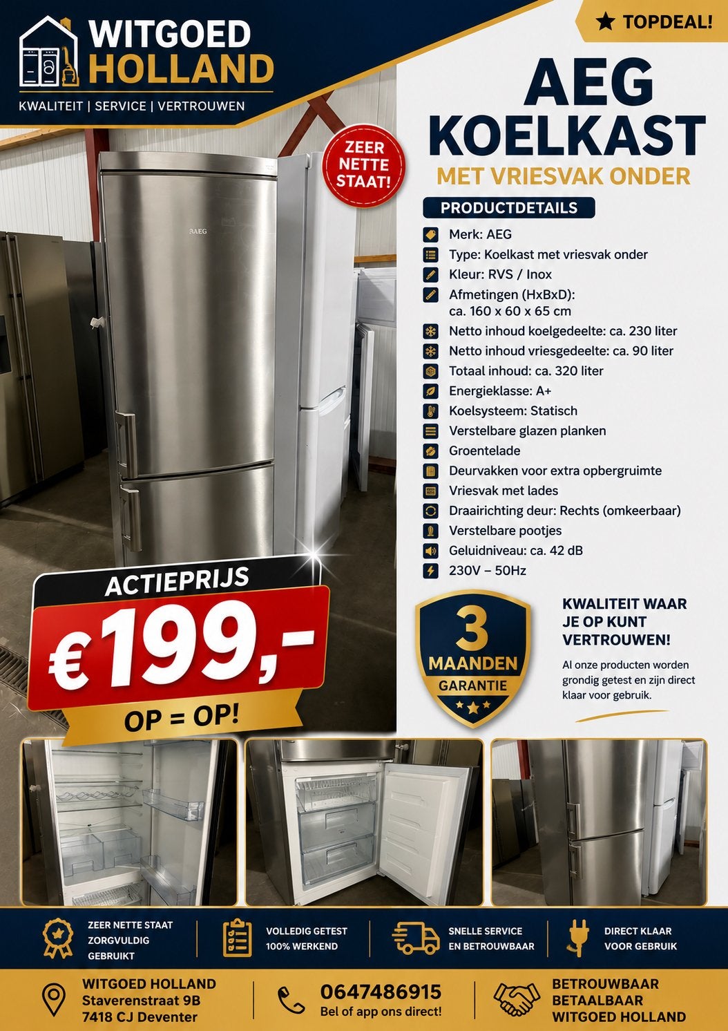 AEG Koel-Vries Combi RVS, Zo goed als nieuw, Energieklasse A of zuiniger, 160 cm of meer, Ophalen of Verzenden