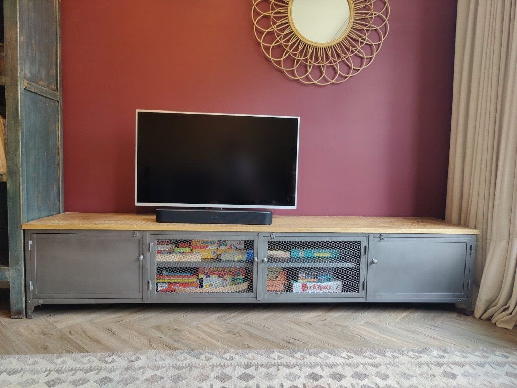 TV kast stevige ijzeren kast met hout, Ophalen, Gebruikt, Minder dan 100 cm, Industrieel