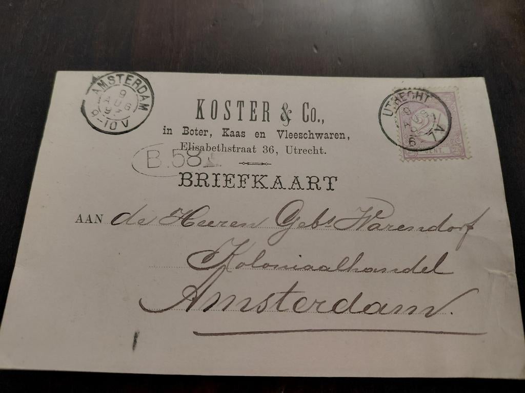 Briefkaart  KOSTER & CO in Boter, Kaas en Vleeschwaren 1893, Ophalen of Verzenden, Briefkaart