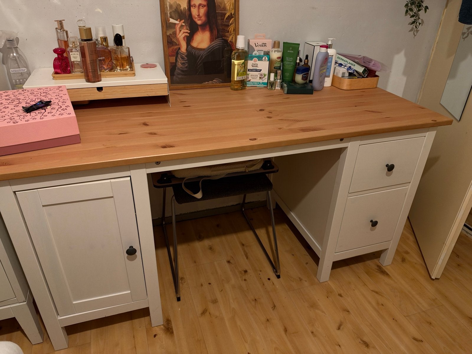 IKEA bureau met lades en kast - wit/hout, Ophalen, Gebruikt, IKEA, Computerbureau