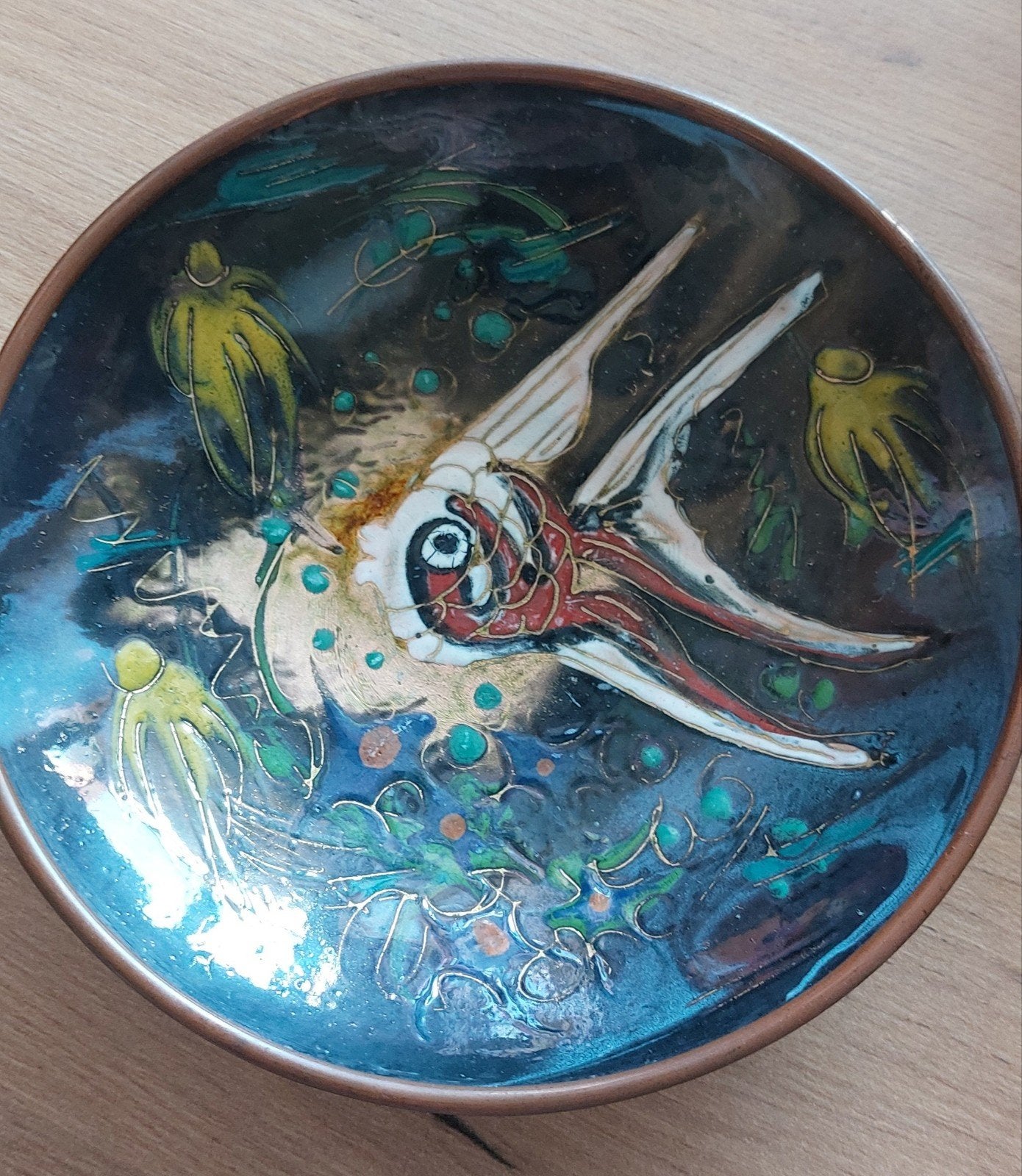 Unieke koperen schaal met emaille visdecoratie, Ophalen of Verzenden