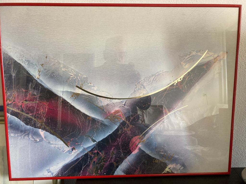 2 Collages in rode aluminium lijst 80,5x60,5cm, Antiek en Kunst, Ophalen of Verzenden