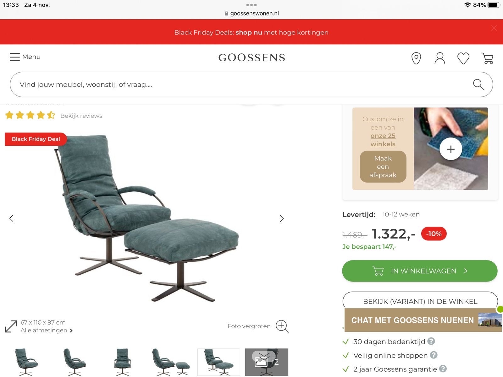 Goossens Excellent Fauteuil Job met voetenbank, Huis en Inrichting, Fauteuils, Ophalen, 100 tot 125 cm, Zo goed als nieuw, Metaal