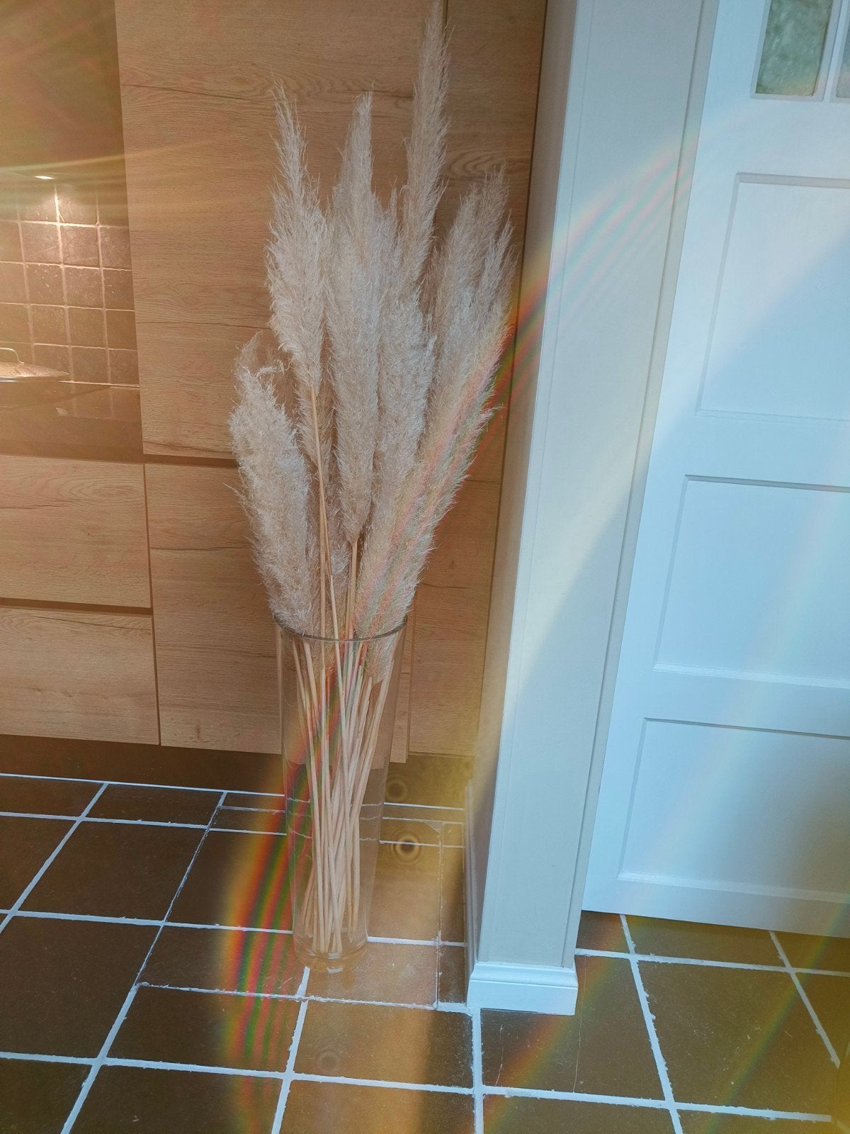 Hoge glazen vaas met gedroogde sier takken 70 cm, Ophalen, Transparant, Inclusief droogbloemen, Glas
