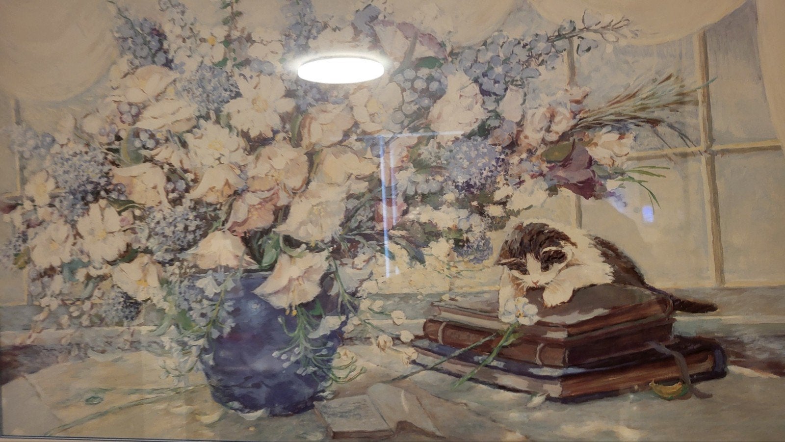 Groot vintage schilderij Floor koomen bloemen en kat poes, Antiek en Kunst, Kunst | Schilderijen | Klassiek, Ophalen