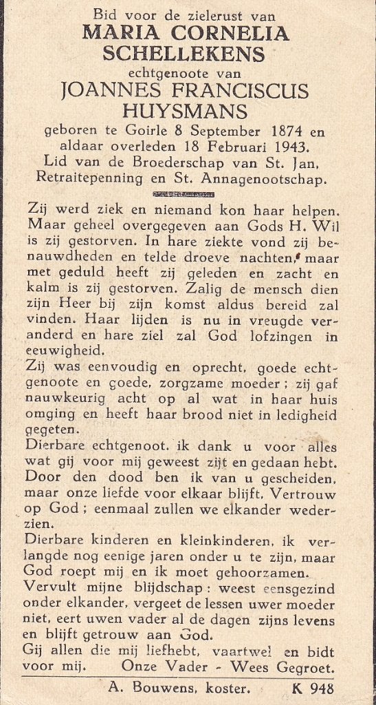 Schellekens Maria 1874 Goirle 1943, Ophalen of Verzenden, Bidprentje