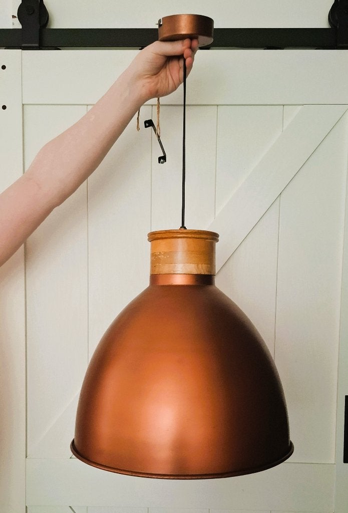 Stoere Industriële Hanglamp - Koper/Brons met Hout (Ø 41 cm), Gebruikt, Onbekend, Overige fittingen, Ophalen of Verzenden