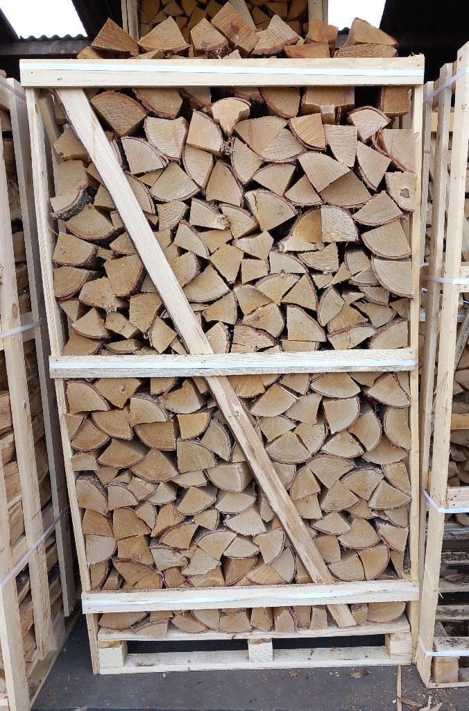OVENGEDROOGD BERKEN haardhout in pallet,stookklaar, 25 cm., 6 m³ of meer, Ophalen of Verzenden, Berkenhout, Blokken
