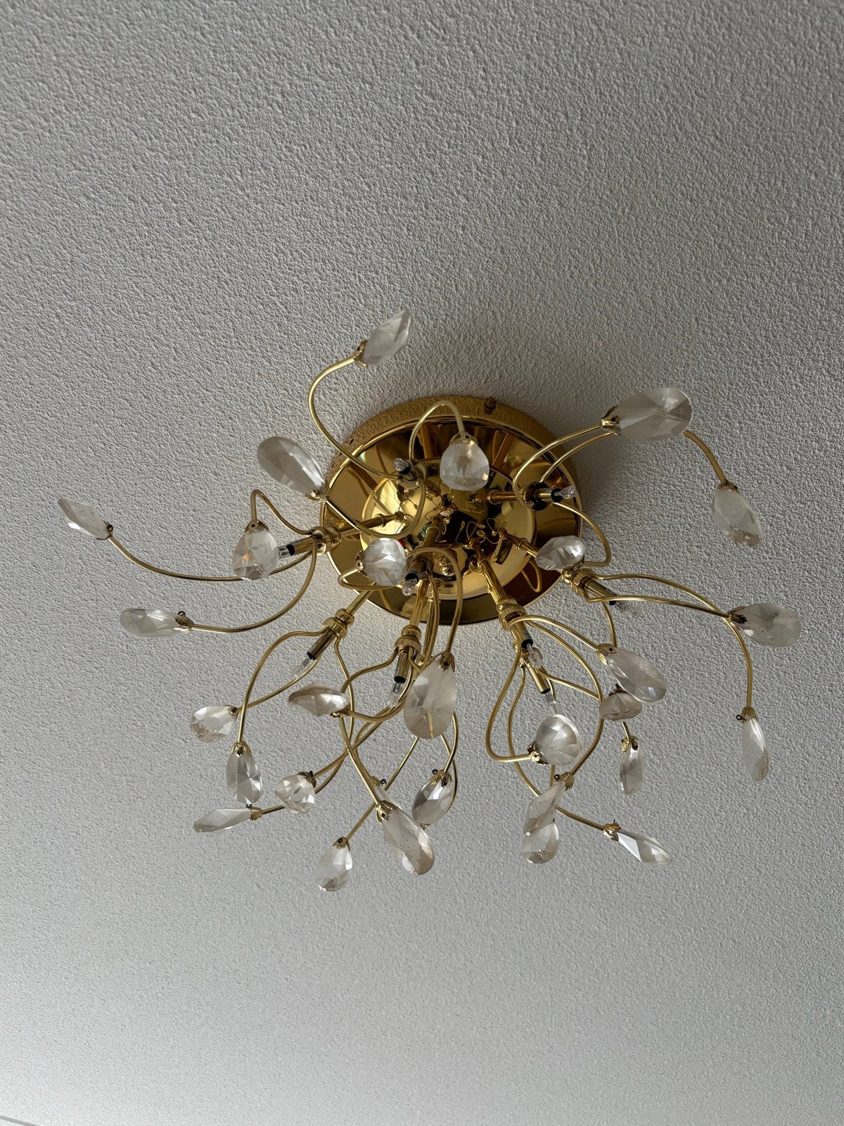 Gouden Plafondlamp met Kristallen Druppels, Ophalen, Modern, Overige fittingen, Zo goed als nieuw