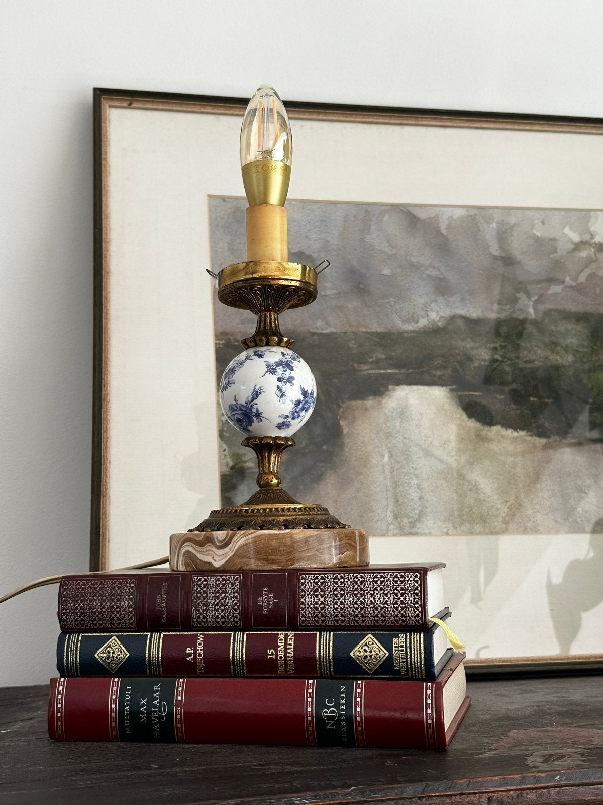 Vintage tafellamp met Delfts blauw porselein en marmer, Ophalen