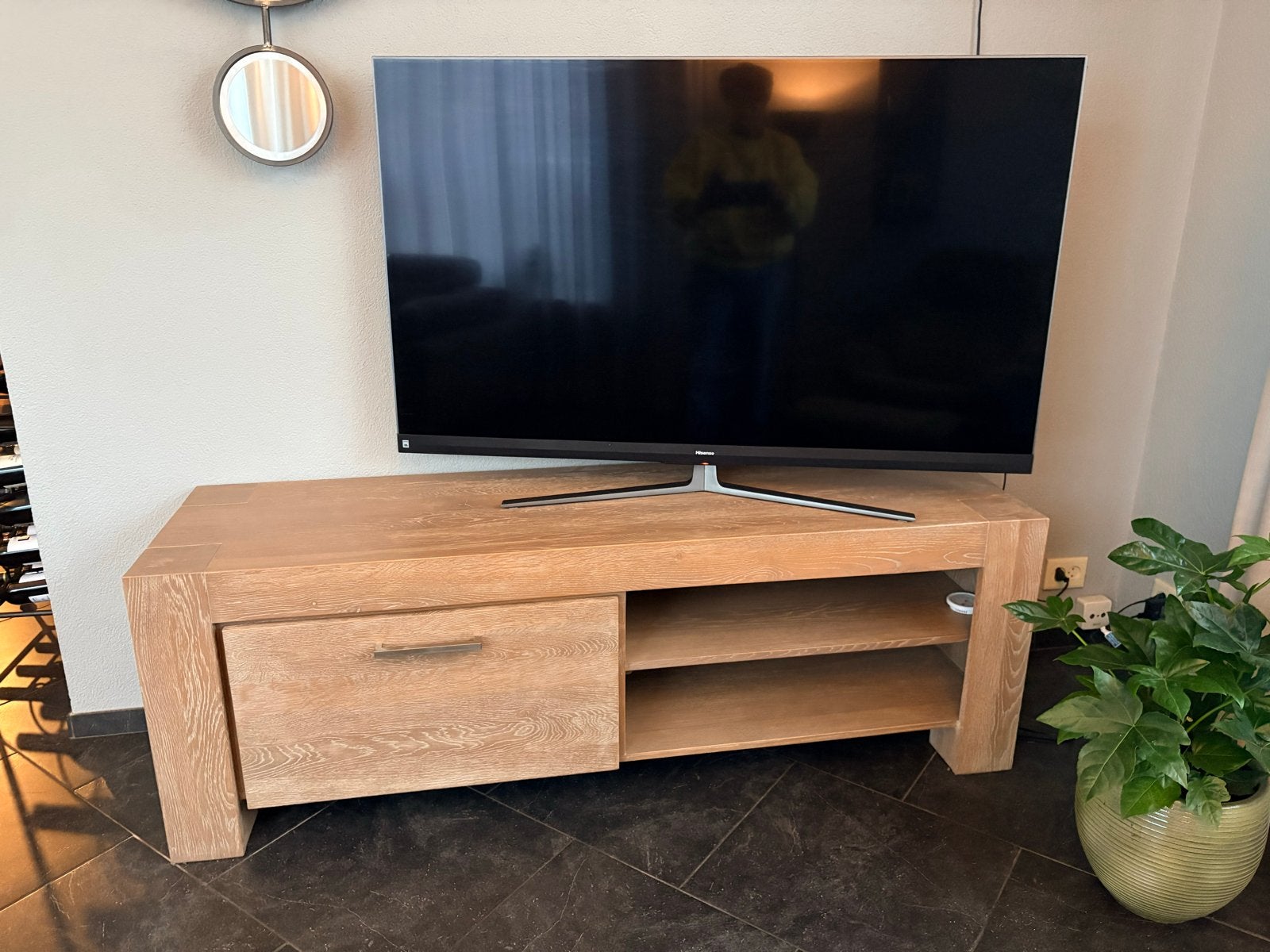 Lowboard TV meubel 160x40cm - Massief vergrijsd eiken, Ophalen, Gebruikt, 150 tot 200 cm, Eikenhout