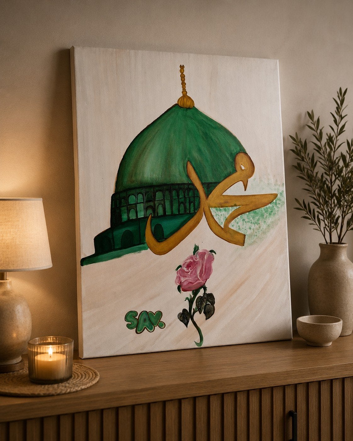 Handgeschilderd schilderij Groene Koepel Medina 50x70cm, Ophalen of Verzenden
