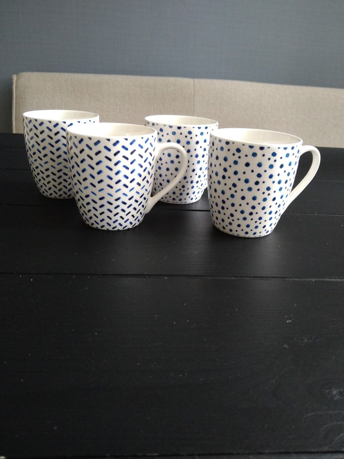 Vier koffiemokken met oor * Xenos * blauw wit, Ophalen, Overige merken, Zo goed als nieuw, Overige stijlen