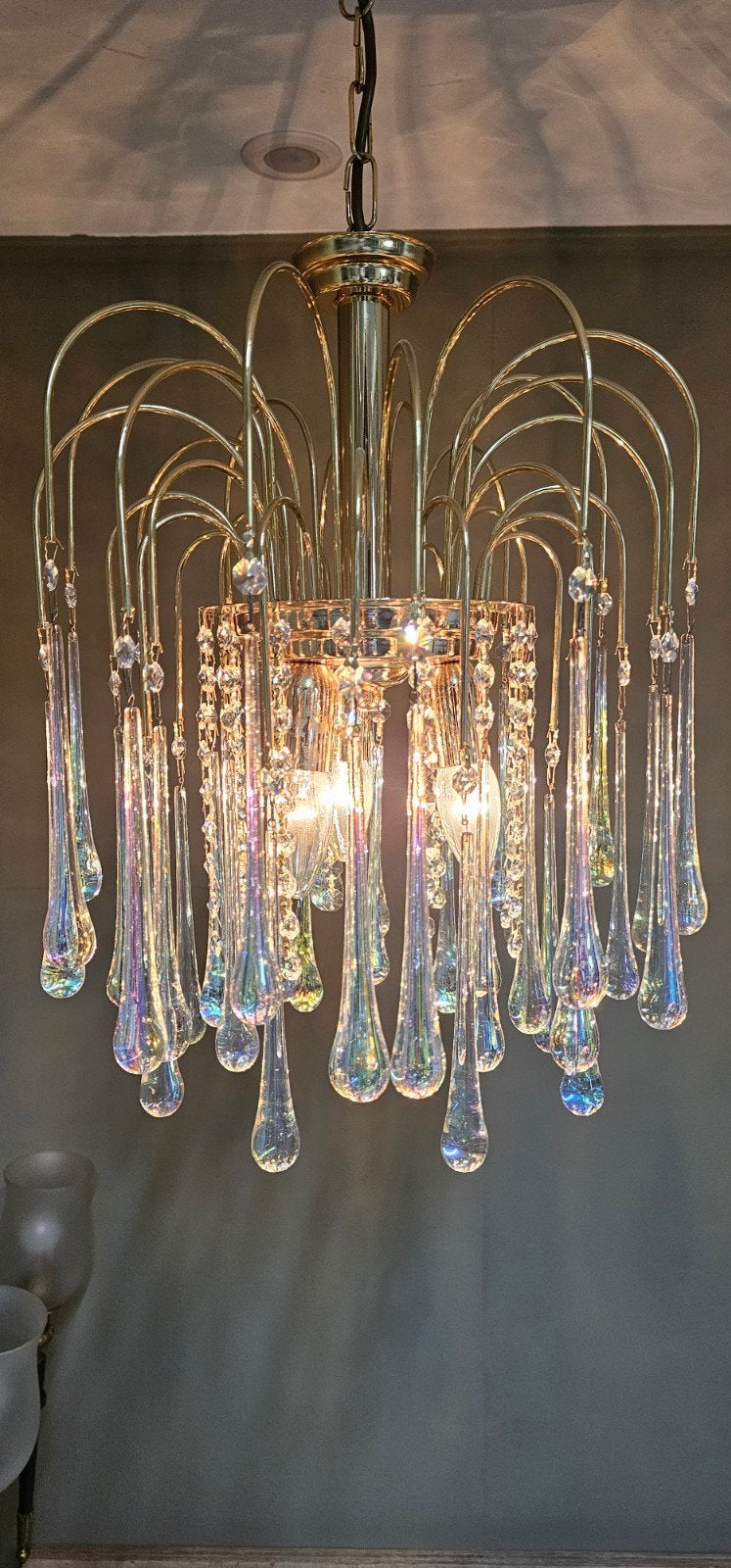 Prachtige Kroonluchter met murano teardrops  48 stuks, Klassiek, Glamour, Modern, E14 (klein), Ophalen of Verzenden, Zo goed als nieuw