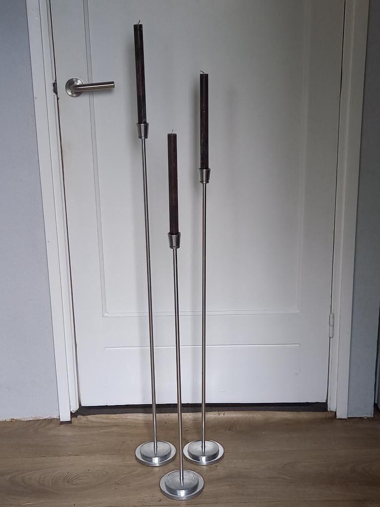 3 Moderne Strakke Chromen Vloer Kandelaars (1 meter), Gebruikt, Verzenden, Kandelaar, Metaal