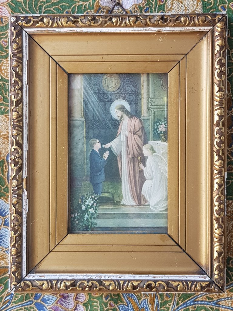 Antieke ingelijste communie prent uit Nederland 22,7 cm., Ophalen of Verzenden