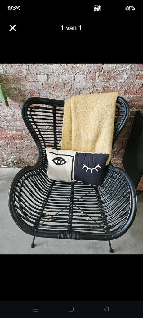 Mooie zwarte rotan luie stoel (zonder kussens), Huis en Inrichting, Stoelen, Gebruikt, Boho, Modern, Relax, Zwart, Riet of Rotan