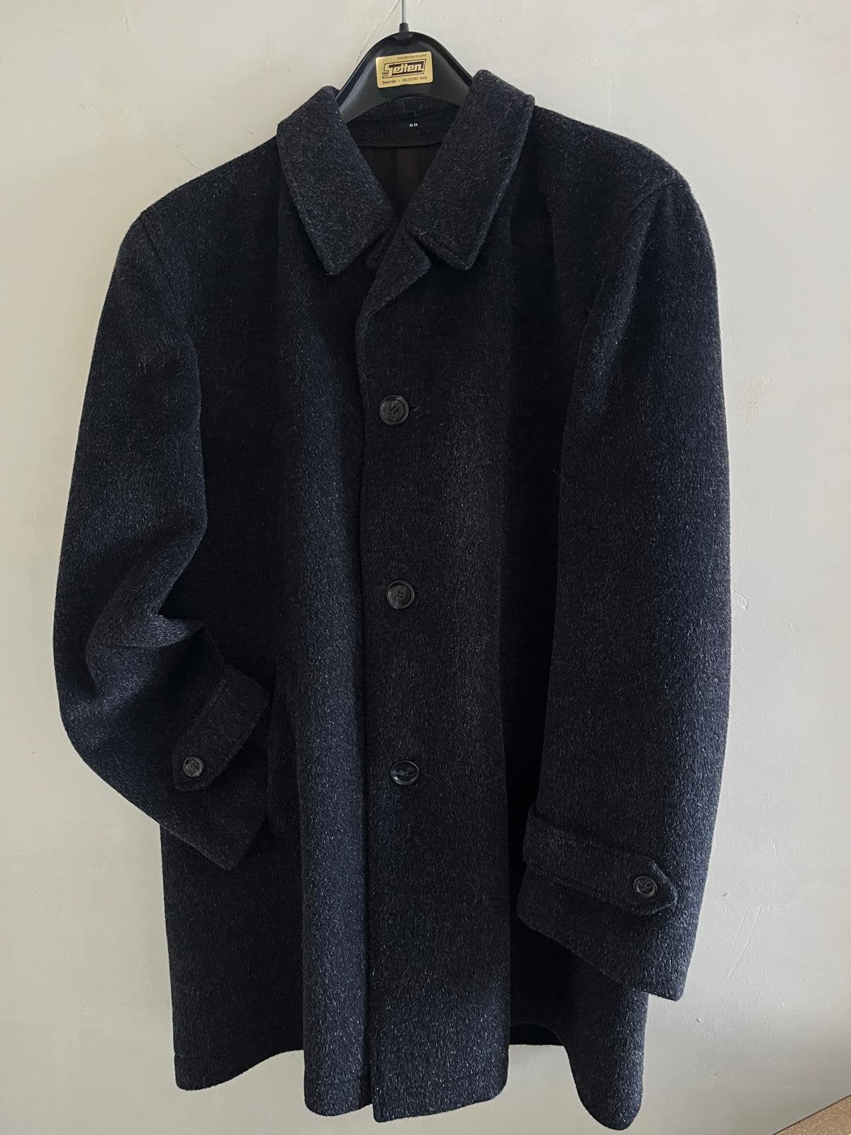 Vintage donkerblauwe wollen herenjas maat M, Ophalen, Gedragen, Maat 48/50 (M), Blauw