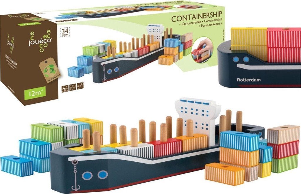 Joueco Houten Containerschip, Kinderen en Baby's, Speelgoed | Houten speelgoed, Ophalen, Nieuw, Overige typen