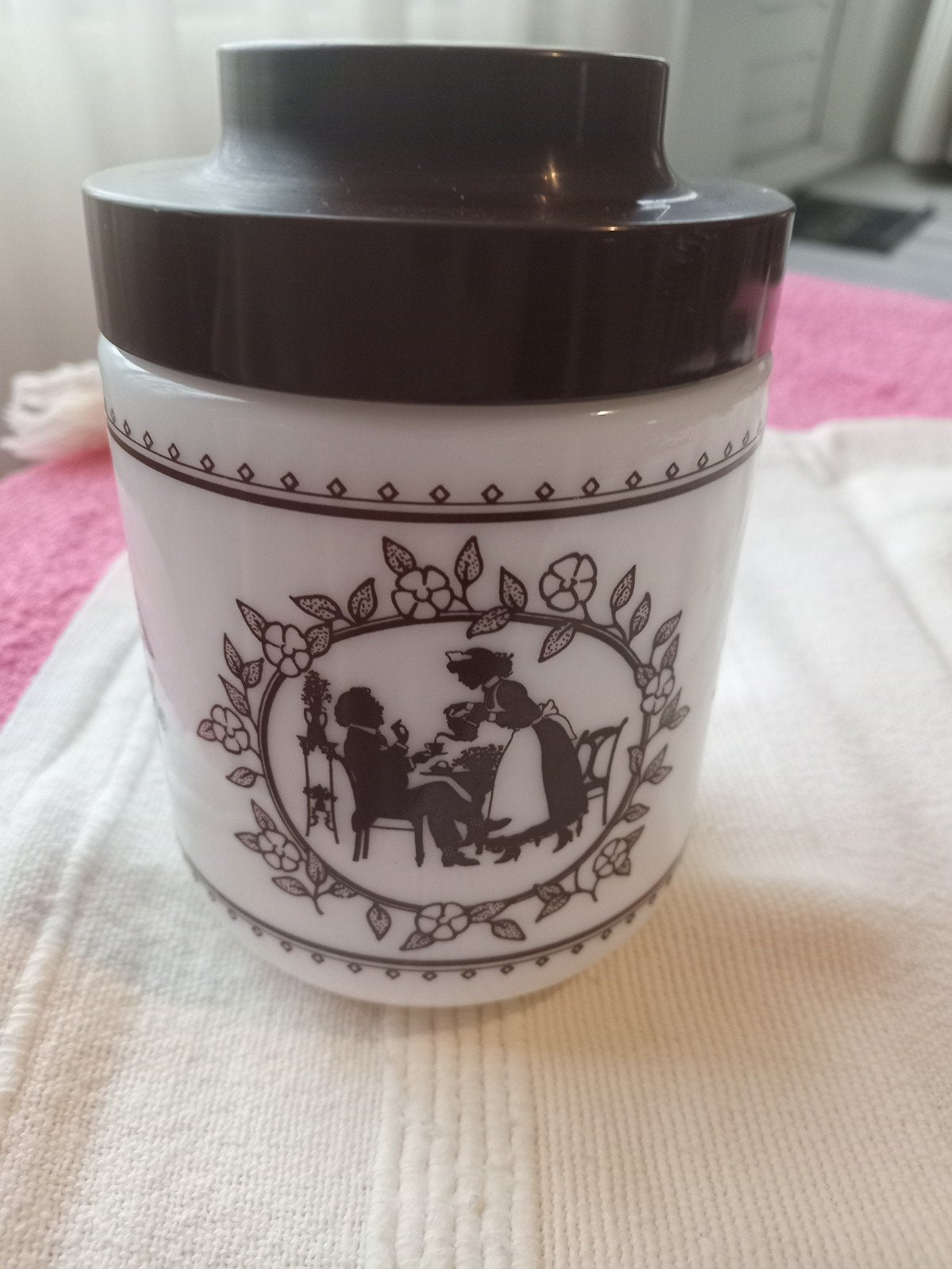 Vintage voorraadpot met silhouet decoratie, Ophalen of Verzenden