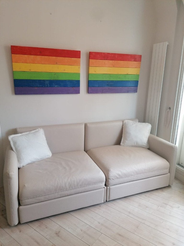 Zitbank Vallentuna beige leder, Ophalen, 75 tot 100 cm, Zo goed als nieuw, Rechte bank