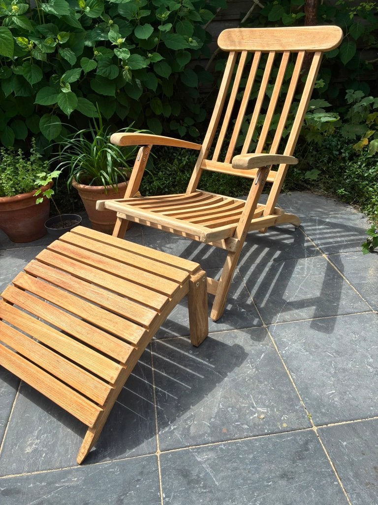 Royale massief teakhouten Lounge Chair met voetenbank, Tuin en Terras, Ophalen, Zo goed als nieuw, Teakhout, Inklapbaar