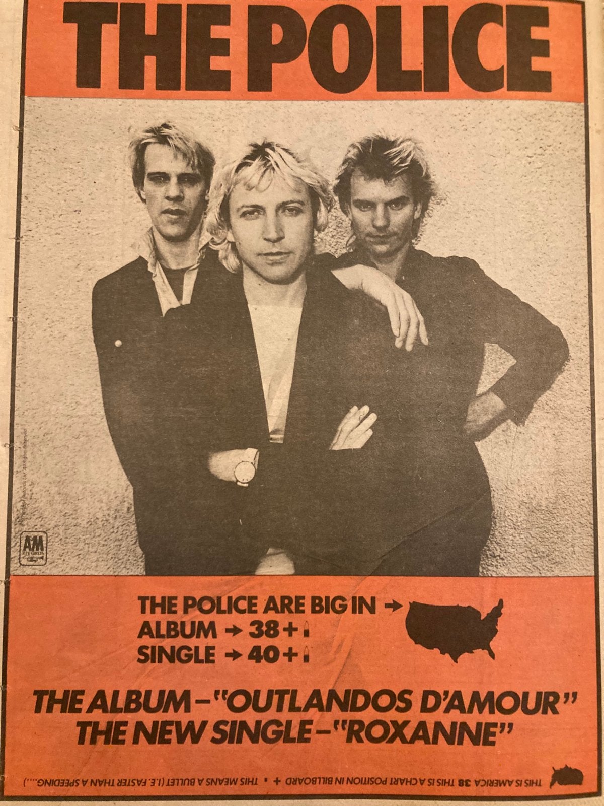 Paginagrote A3 advertentie POLICE Roxanne release OUTLANDOS, Ophalen of Verzenden, Zo goed als nieuw