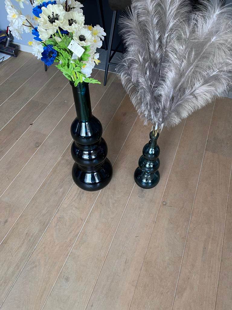 Set van 2 glazen vazen 75 cm en 45 cm met kunstbloemen, Ophalen, Blauw, Nieuw, Glas