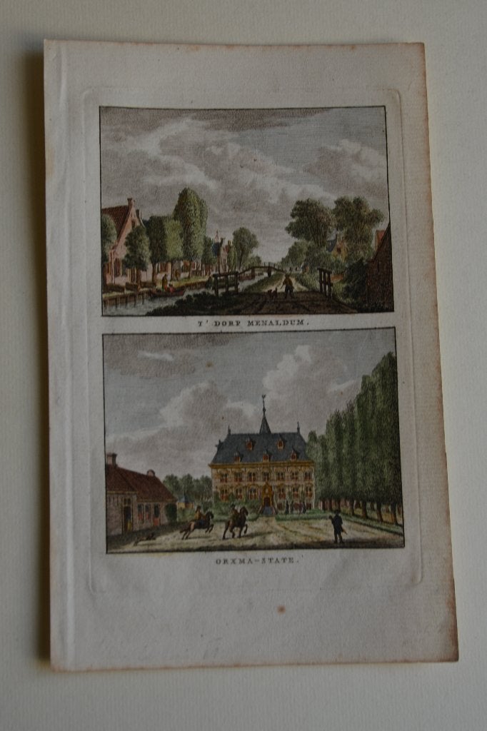 MENALDUM ORXMA-STATE 2X originele gravure boven elkaar E38, Stadsgezicht, Handgekleurd, Ophalen of Verzenden, Gravure