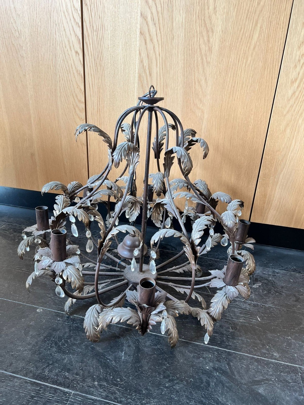 Vintage kroonluchter met bladeren en kristallen, Antiek en Kunst, Ophalen