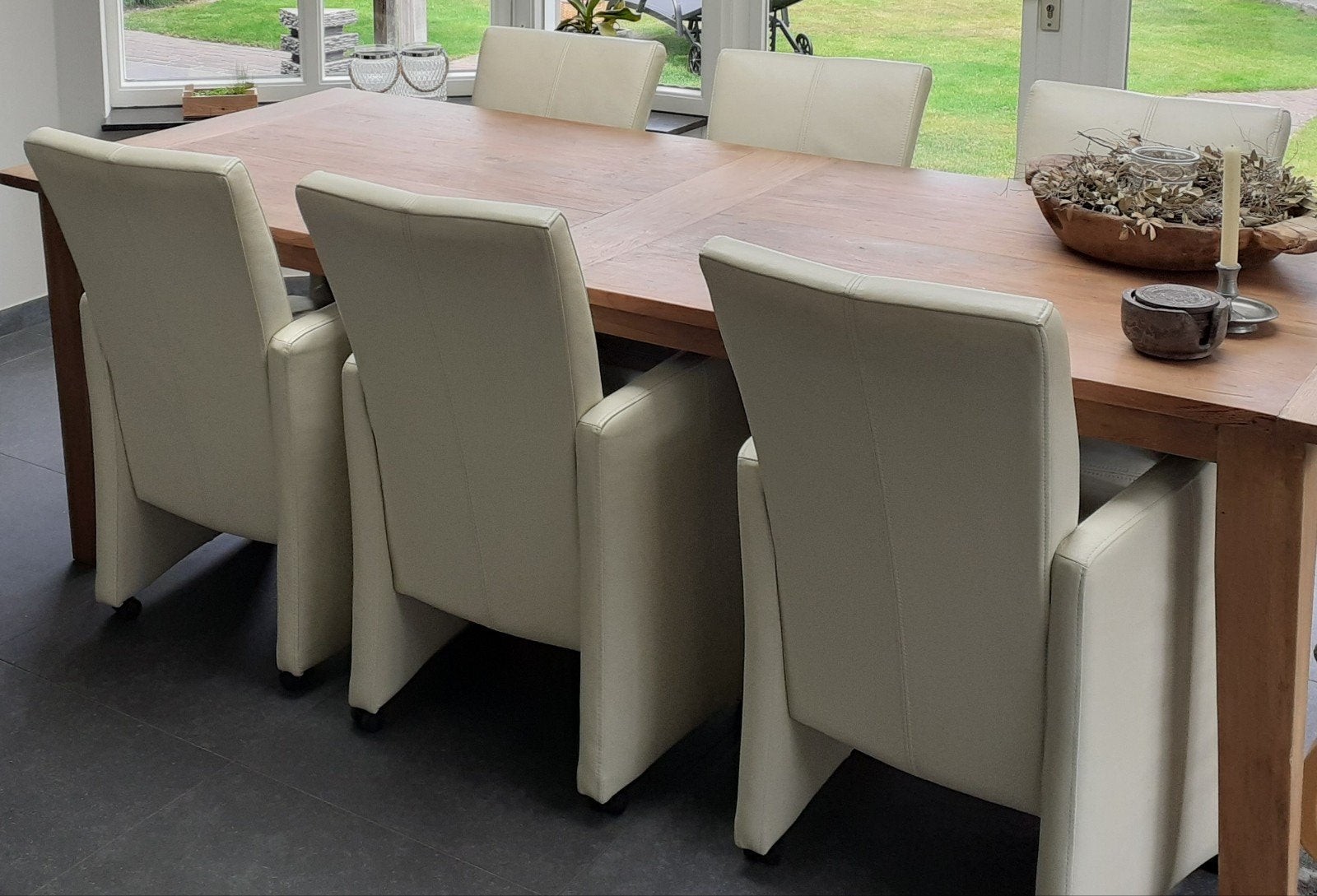 Eetkamerstoel Riva (Goossens) in beige leer, Ophalen, Gebruikt, Overige kleuren, Leer