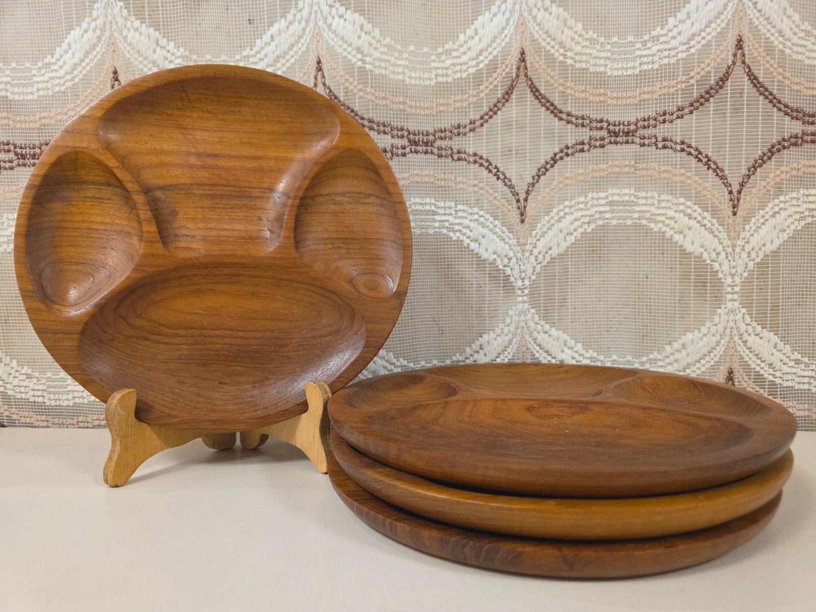 Houten fondueborden met vakverdeling 4 stuks, Gebruikt, Overige merken, ., Ophalen of Verzenden