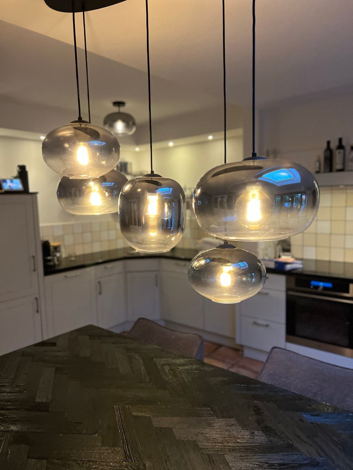 Moderne hanglampen en plafondlamp met diverse bollen, Ophalen, Gebruikt, Glas