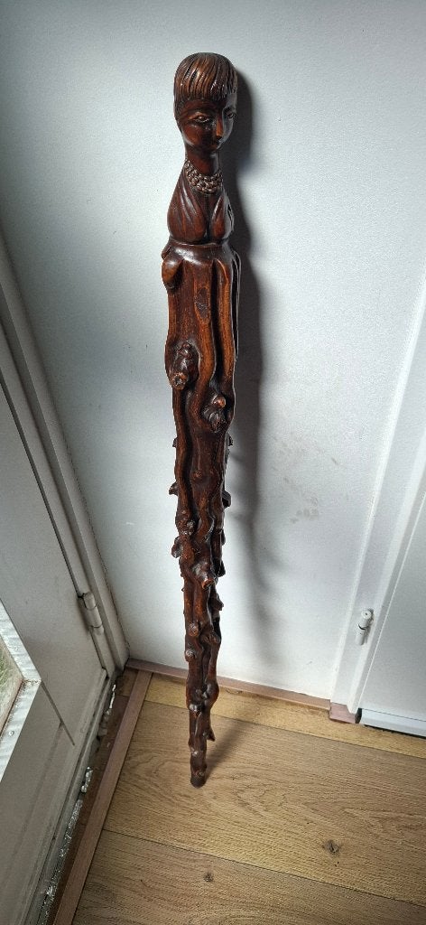 Antieke Art Deco Wandelstok Handgesneden Volkskunst, Gebruikt, Onbekend, Ophalen of Verzenden, Onbekend