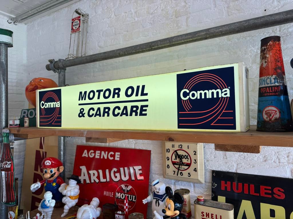Vintage Comma Motor Oil & Car Care Lichtbak Reclamebord, Ophalen, Gebruikt, ., Lichtbak of (neon) lamp